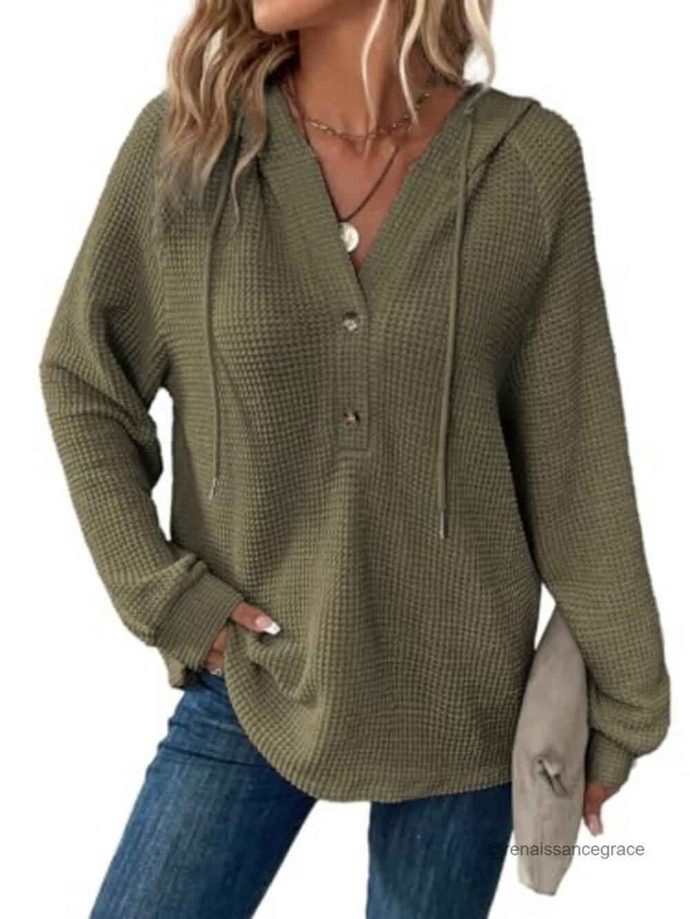 Waffle Knit Hoodie Button V Neck Oversized Pullover Sweatshirt